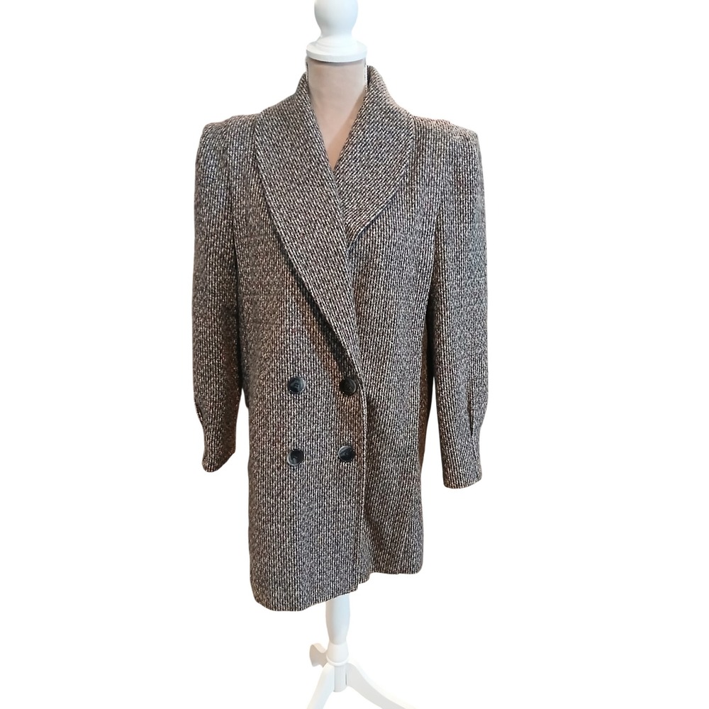 Vtg Kerizma Union Made Tweed Coat Shawl Collar Grey Brown Longline Womans 10